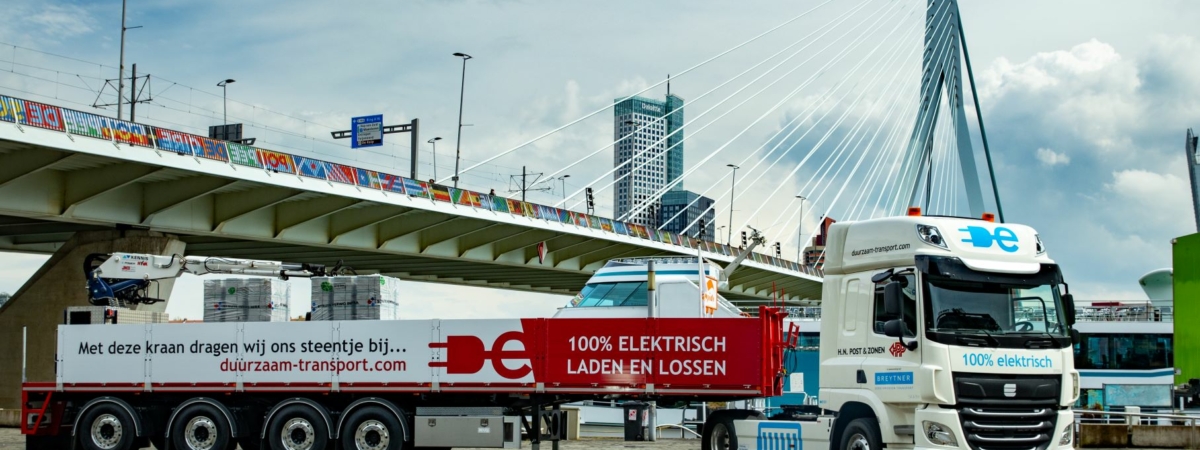 Elektrische truck – Rotterdam – Container 1 M – evergreen – Breytner – Post & zonen – Elektrisch – zero-emissie – truck – duurzaam – groen