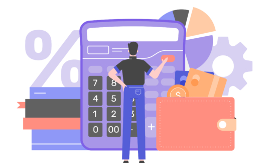 Man stands at a huge calculator. Finance and investments, budgeting. Vector flat illustration.