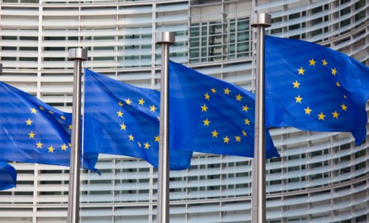 Row of European Union flags waving in the wind – Europa